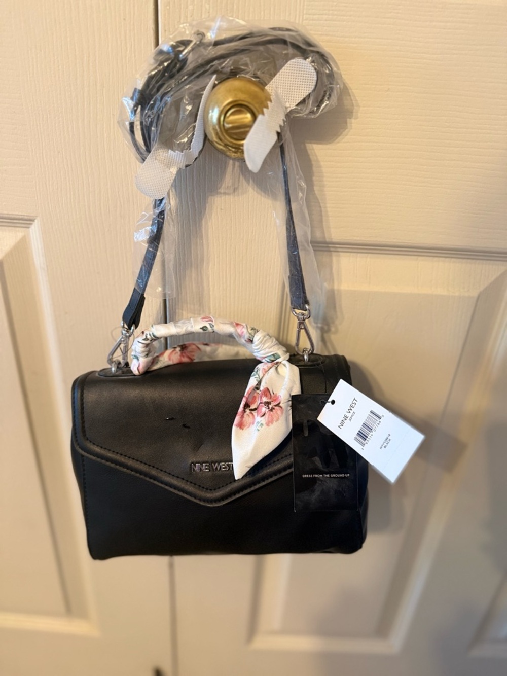 Nine West Black Satchel with Floral-Print Top Handle